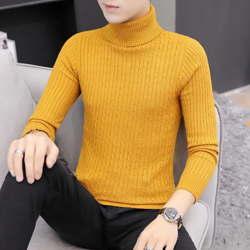 2022 Korean Slim Solid Color Turtleneck Sweater Mens Winter Long Sleeve Warm Knit Sweater