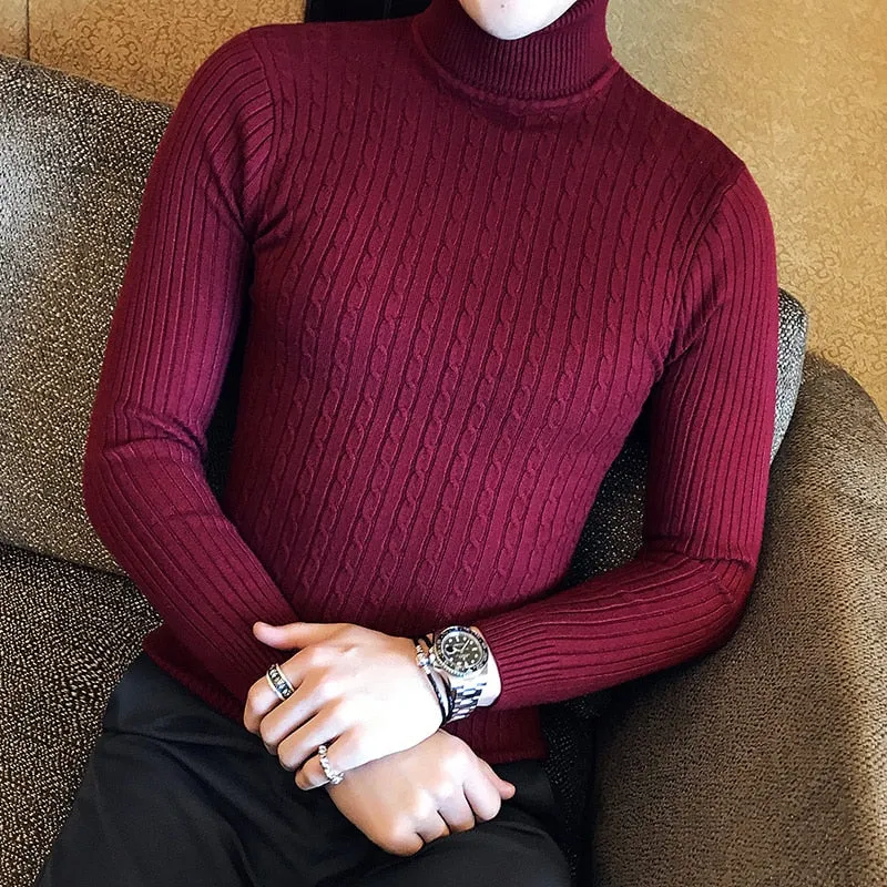 2022 Korean Slim Solid Color Turtleneck Sweater Mens Winter Long Sleeve Warm Knit Sweater