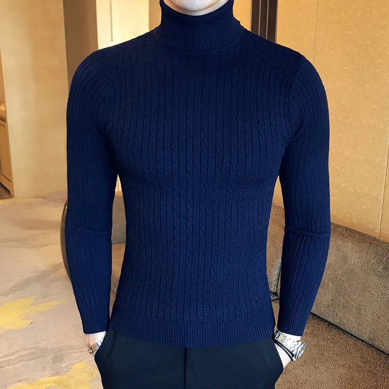 2022 Korean Slim Solid Color Turtleneck Sweater Mens Winter Long Sleeve Warm Knit Sweater
