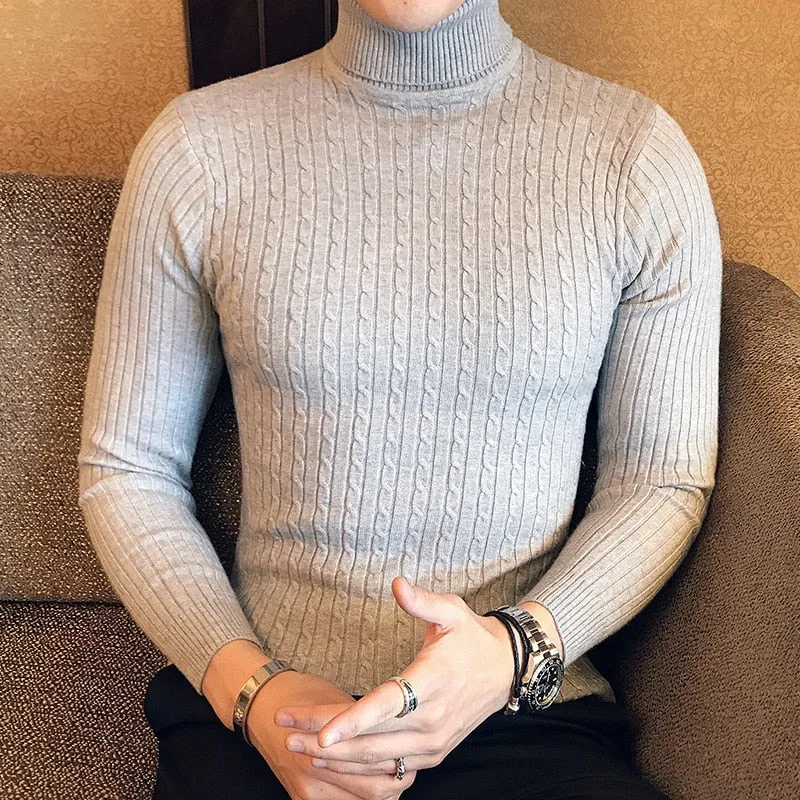2022 Korean Slim Solid Color Turtleneck Sweater Mens Winter Long Sleeve Warm Knit Sweater