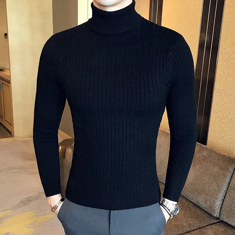 2022 Korean Slim Solid Color Turtleneck Sweater Mens Winter Long Sleeve Warm Knit Sweater