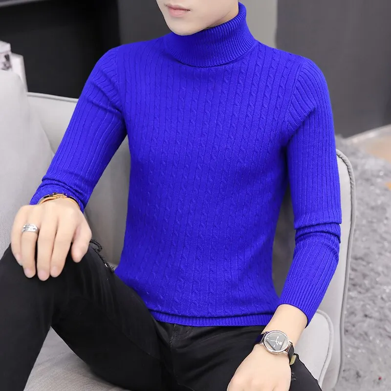 2022 Korean Slim Solid Color Turtleneck Sweater Mens Winter Long Sleeve Warm Knit Sweater