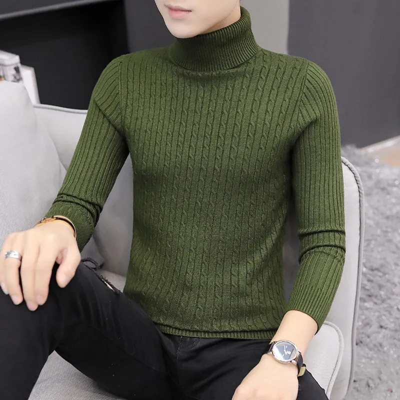 2022 Korean Slim Solid Color Turtleneck Sweater Mens Winter Long Sleeve Warm Knit Sweater