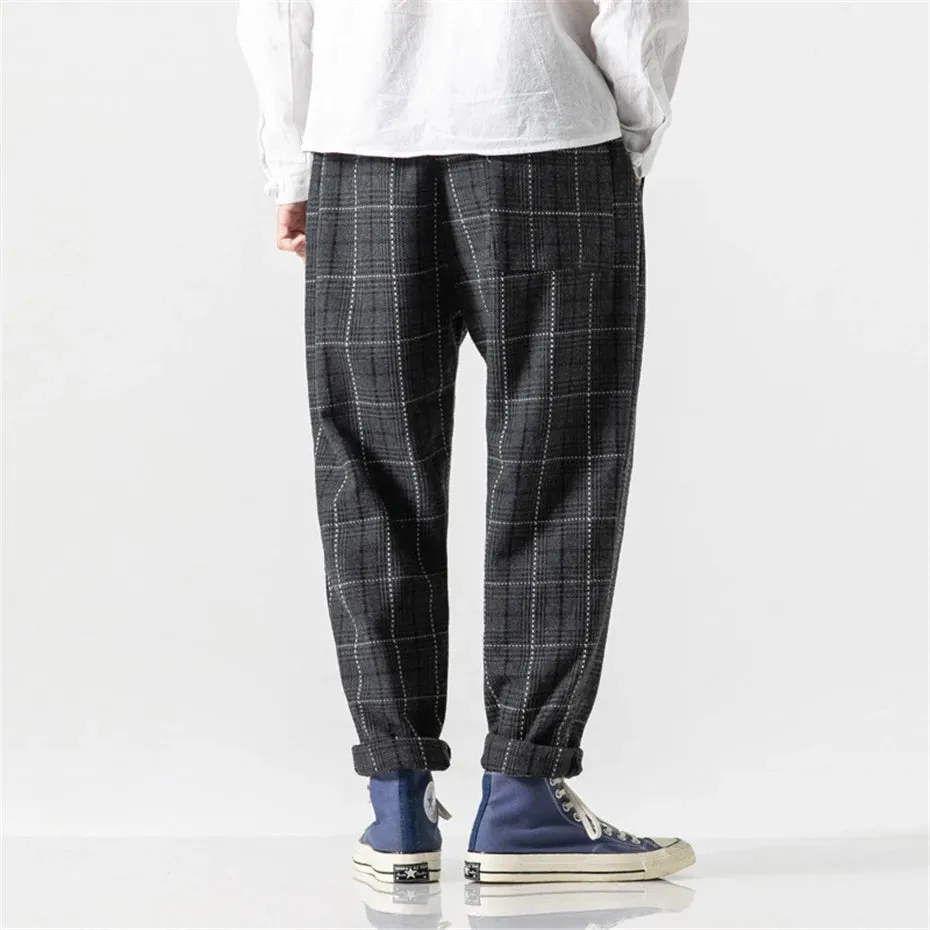 Aidase Plaid Harem Pants Men Hip Hop Streetwear Wool Pants Male Harajuku Vintage Trousers Elastic Waist US Size Clothes