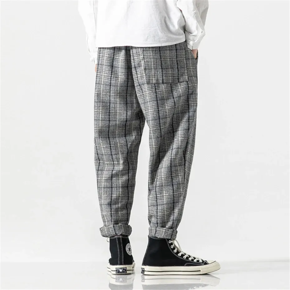 Aidase Plaid Harem Pants Men Hip Hop Streetwear Wool Pants Male Harajuku Vintage Trousers Elastic Waist US Size Clothes