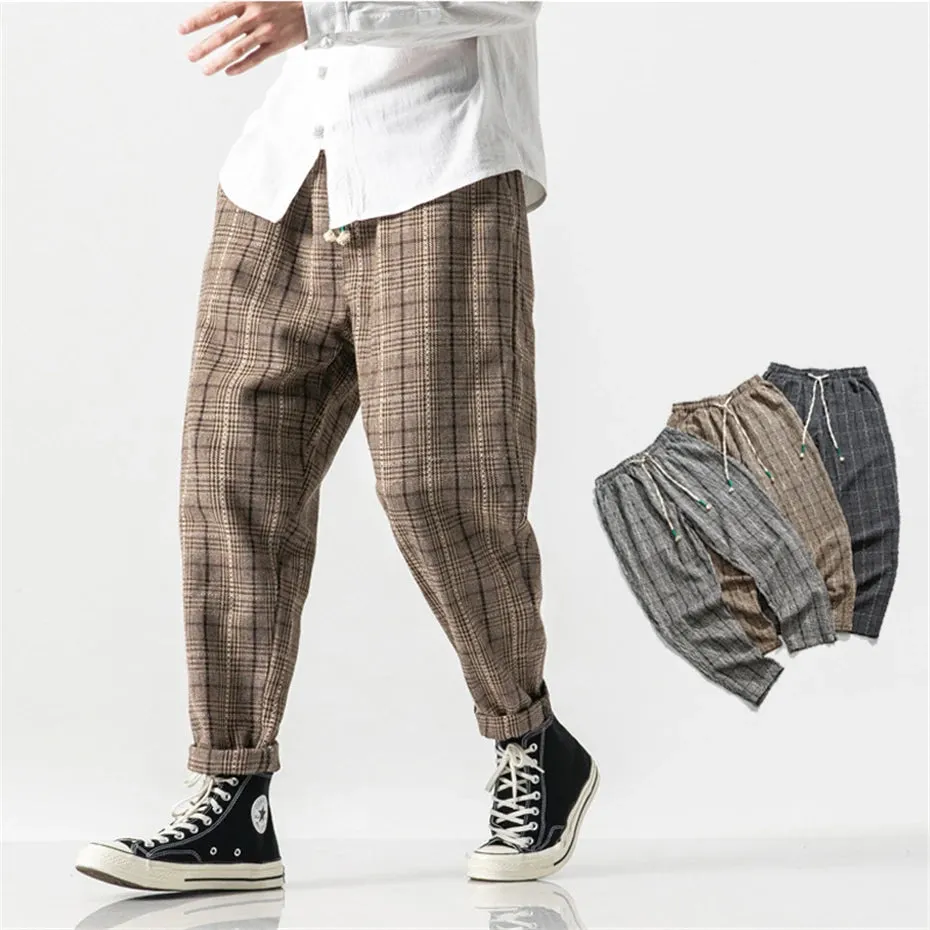 Aidase Plaid Harem Pants Men Hip Hop Streetwear Wool Pants Male Harajuku Vintage Trousers Elastic Waist US Size Clothes