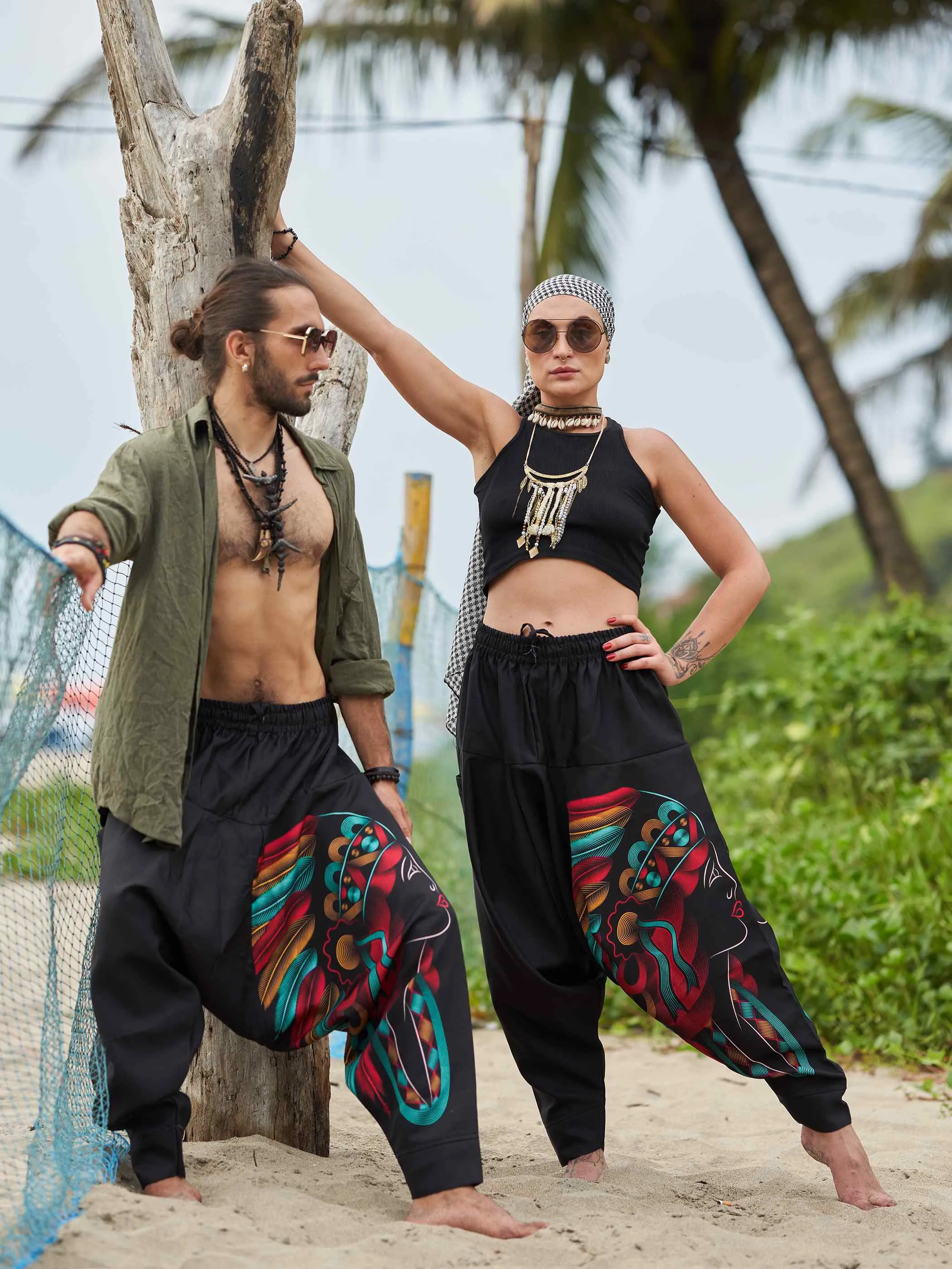 Men's Tribal Feather Hat Print Hippy Harem Pants For Dance Yoga Travel