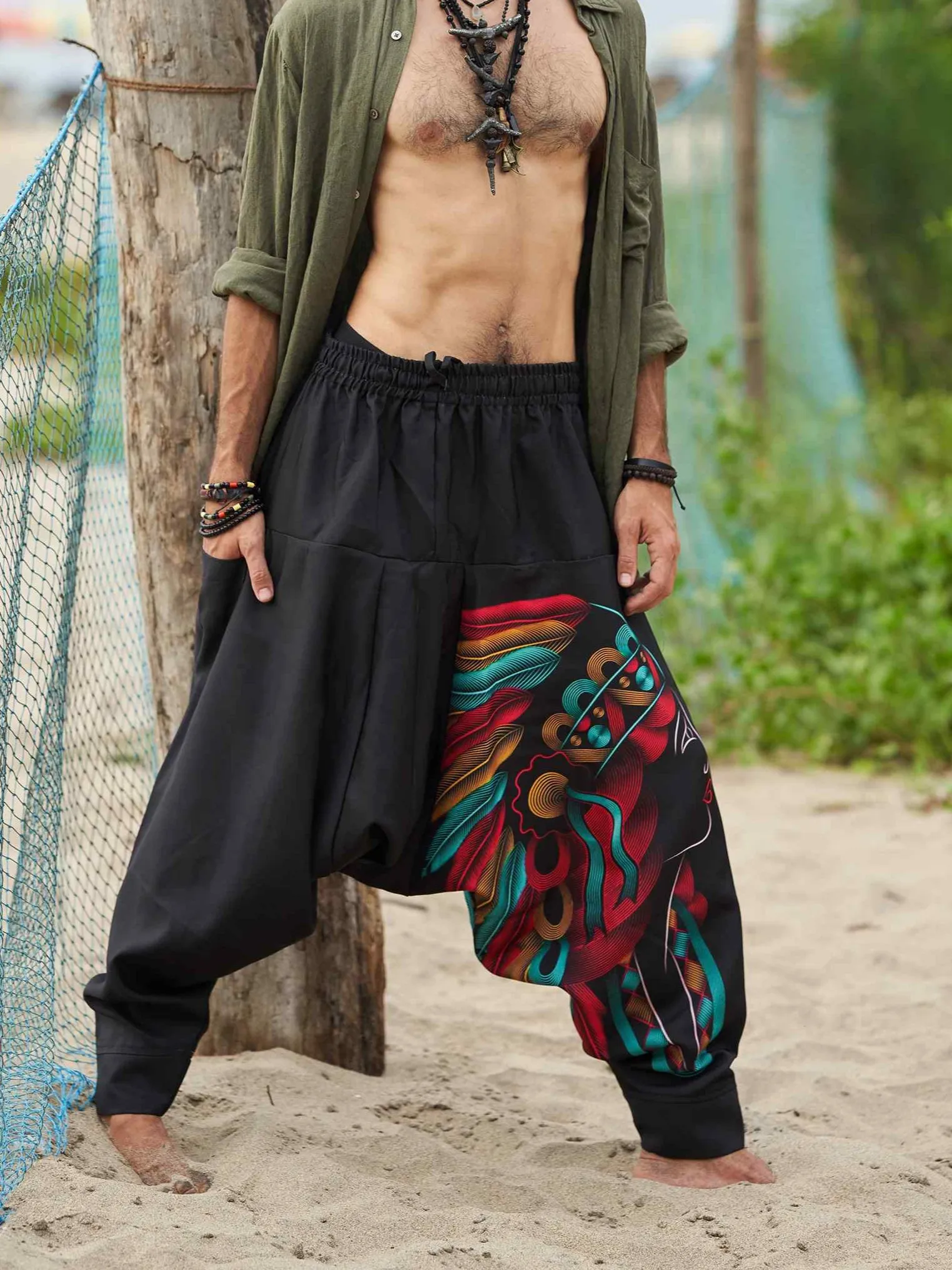 Men's Tribal Feather Hat Print Hippy Harem Pants For Dance Yoga Travel