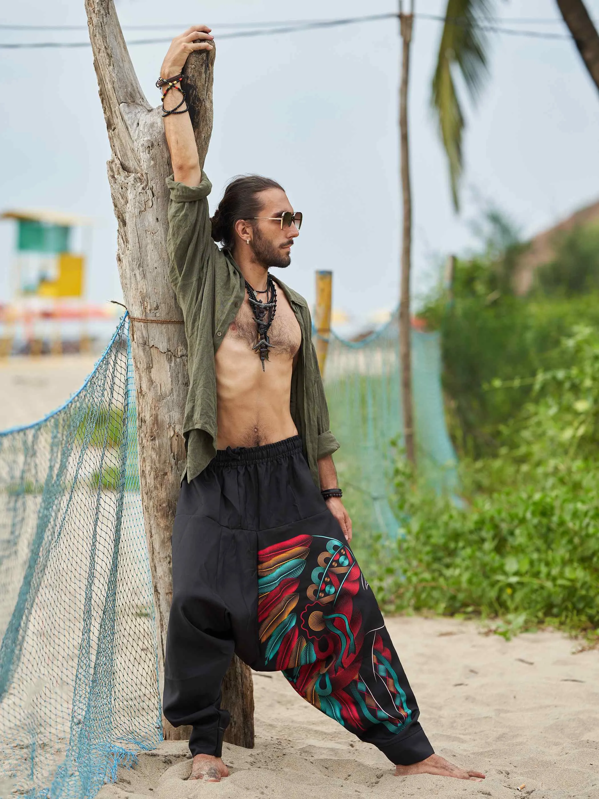 Men's Tribal Feather Hat Print Hippy Harem Pants For Dance Yoga Travel