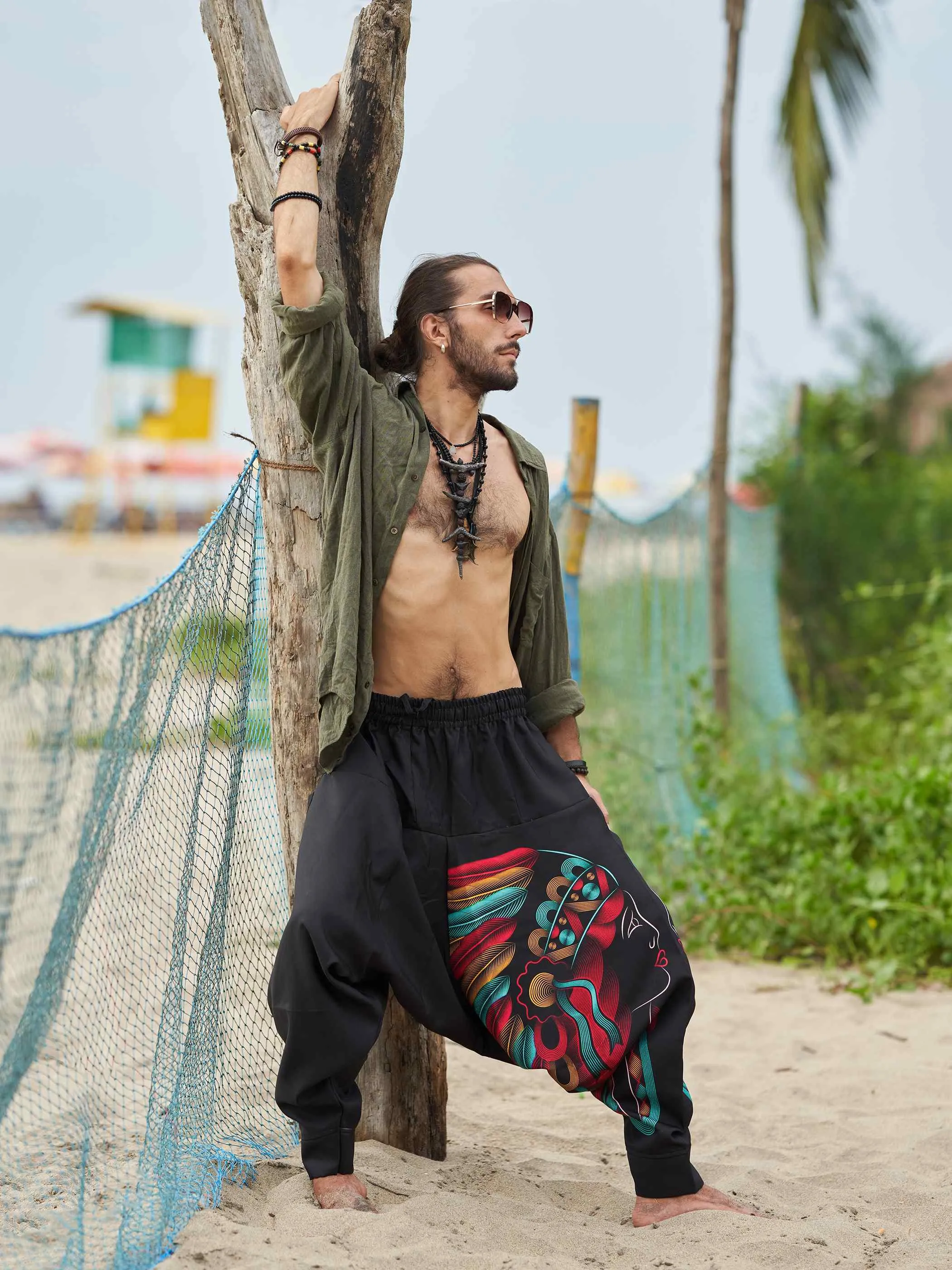Men's Tribal Feather Hat Print Hippy Harem Pants For Dance Yoga Travel