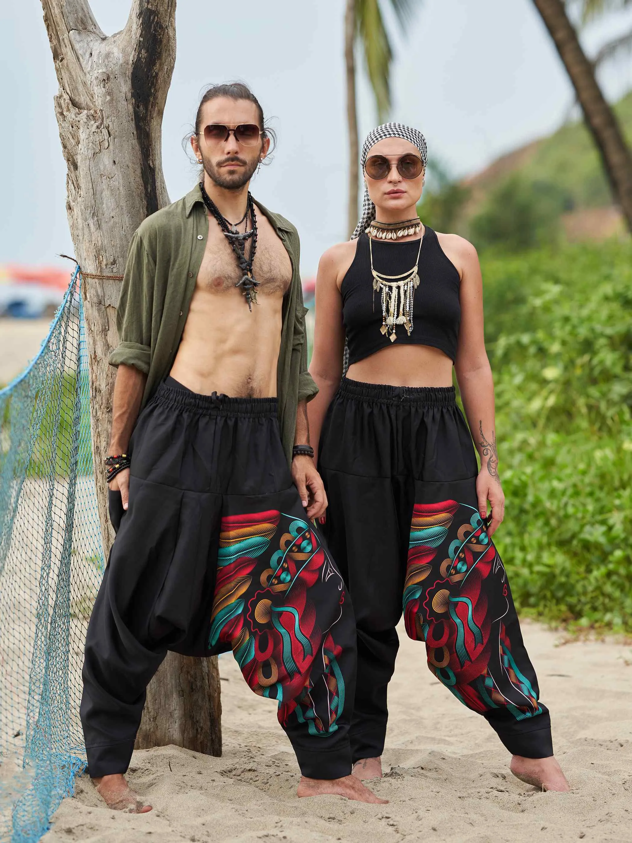 Men's Tribal Feather Hat Print Hippy Harem Pants For Dance Yoga Travel
