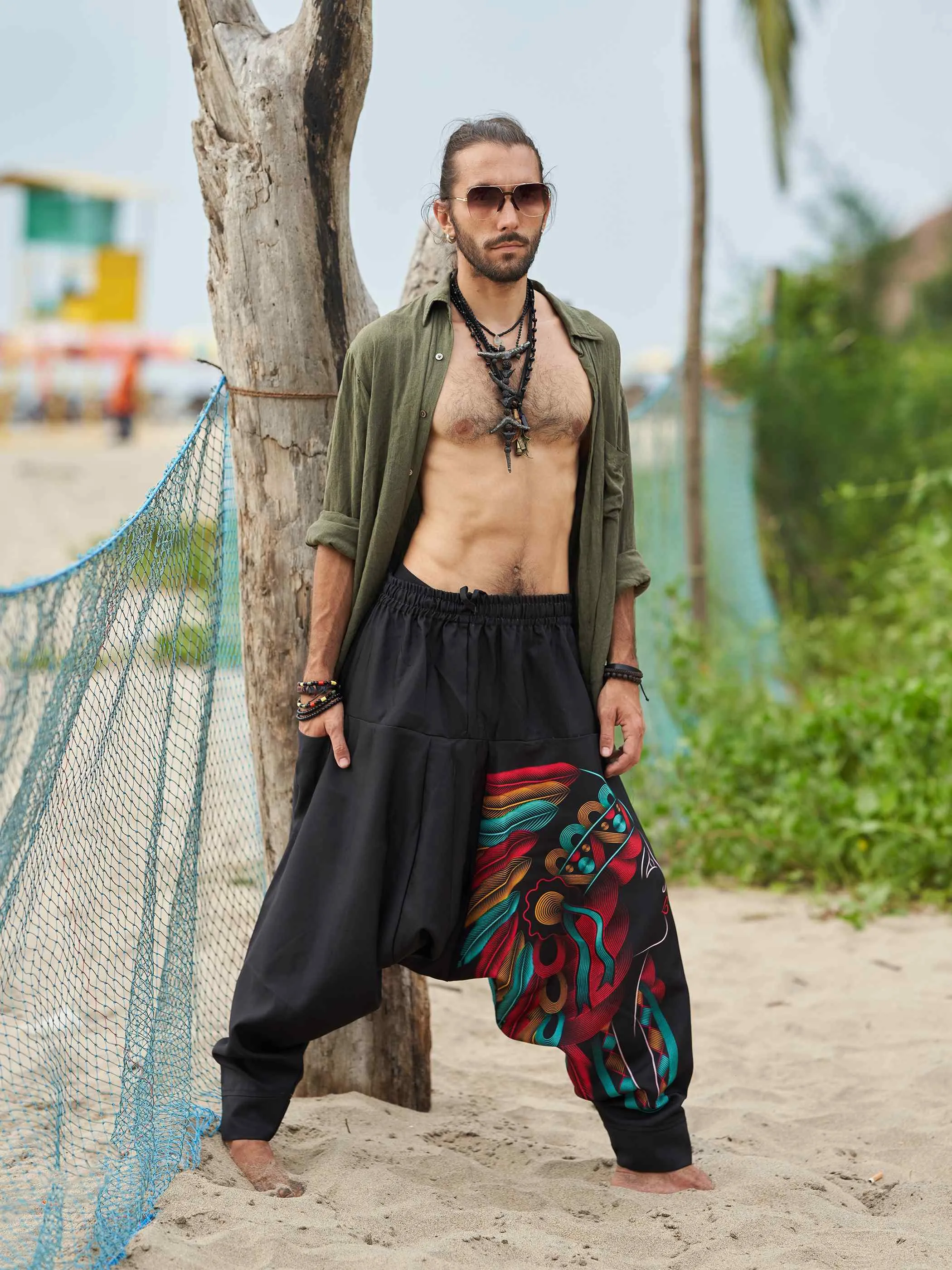Men's Tribal Feather Hat Print Hippy Harem Pants For Dance Yoga Travel