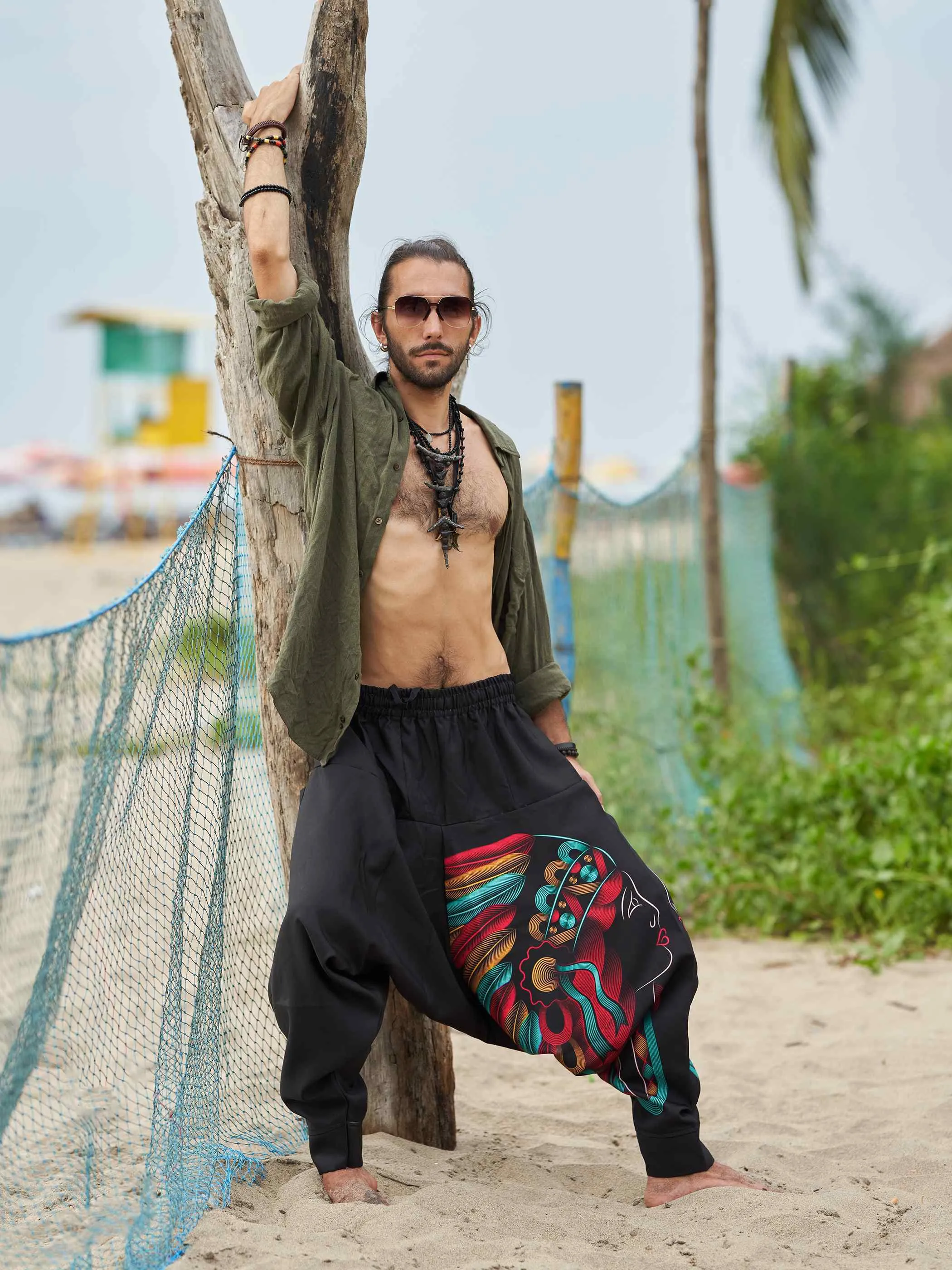 Men's Tribal Feather Hat Print Hippy Harem Pants For Dance Yoga Travel