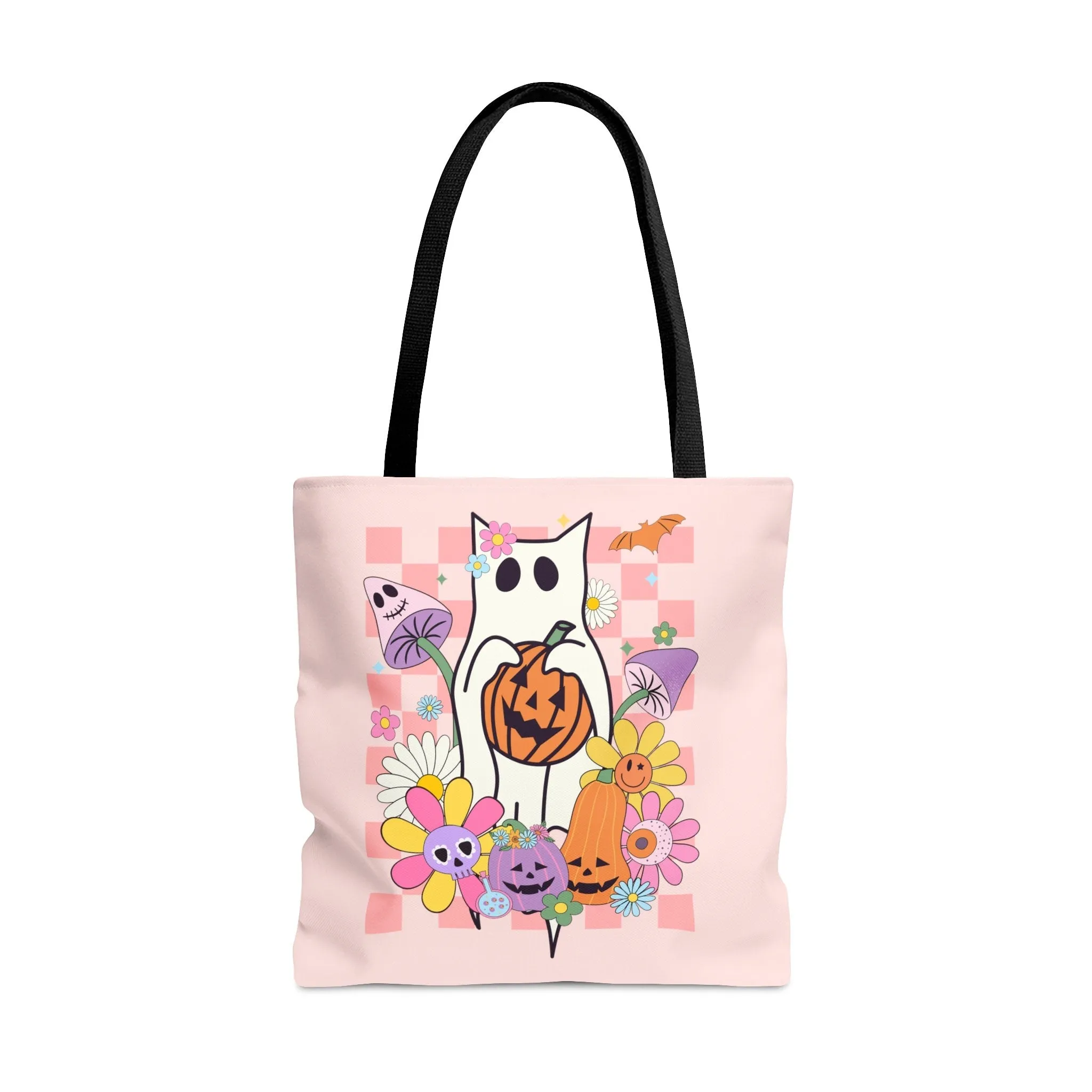 Retro Cat Halloween Tote Bag - Mushrooms & Pumpkins - Spooky Style
