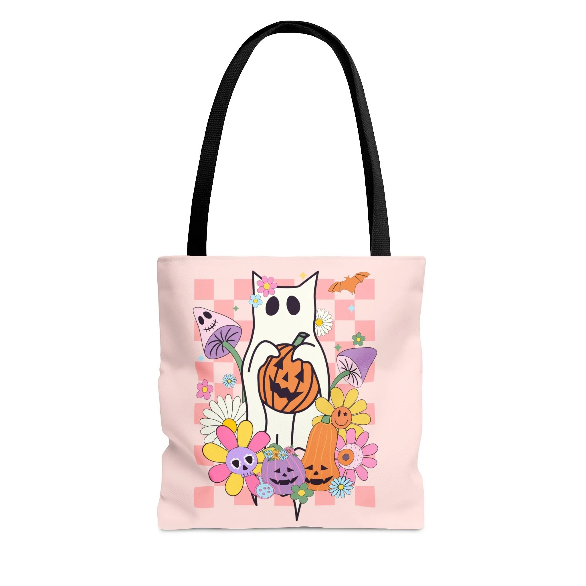 Retro Cat Halloween Tote Bag - Mushrooms & Pumpkins - Spooky Style