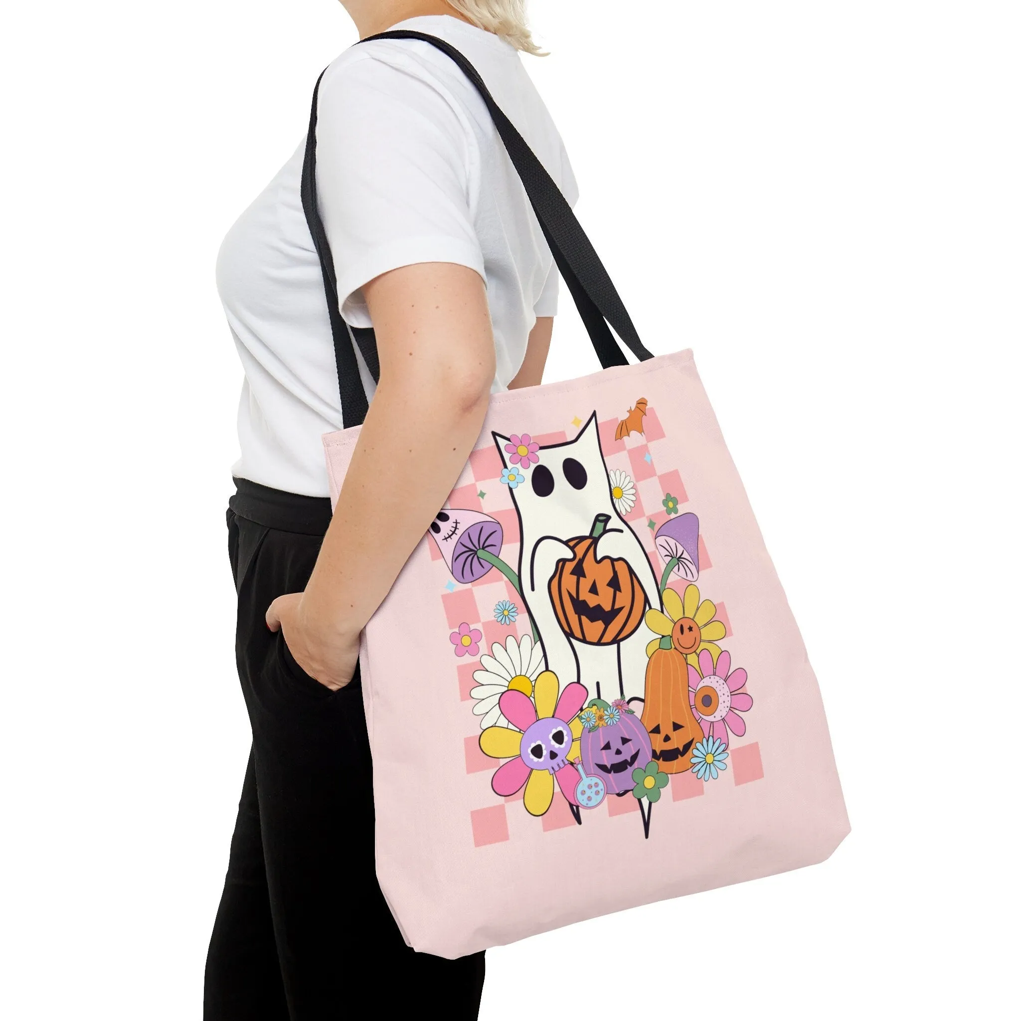 Retro Cat Halloween Tote Bag - Mushrooms & Pumpkins - Spooky Style