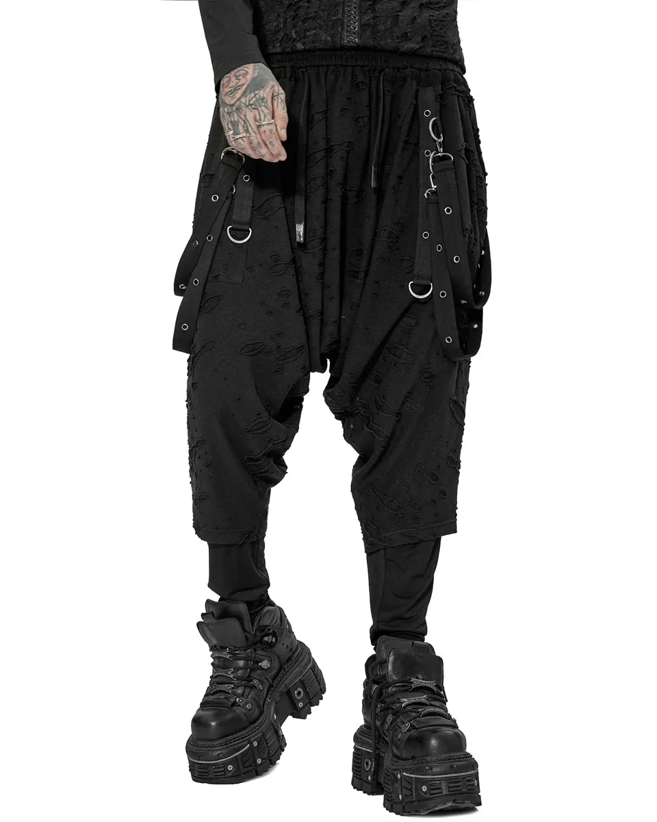 WK-525 Mens Apocalyptic Punk Broken Knit Drop Crotch Harem Pants