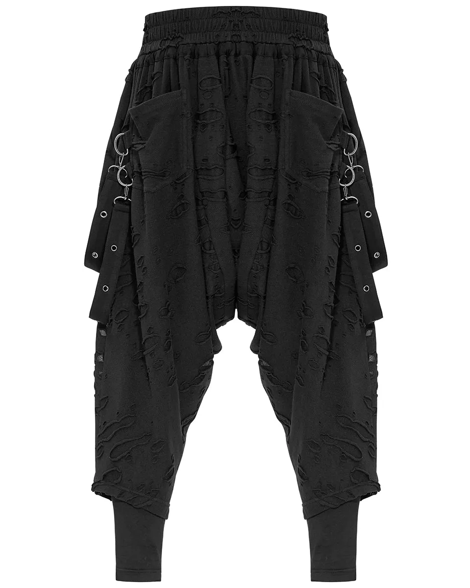 WK-525 Mens Apocalyptic Punk Broken Knit Drop Crotch Harem Pants