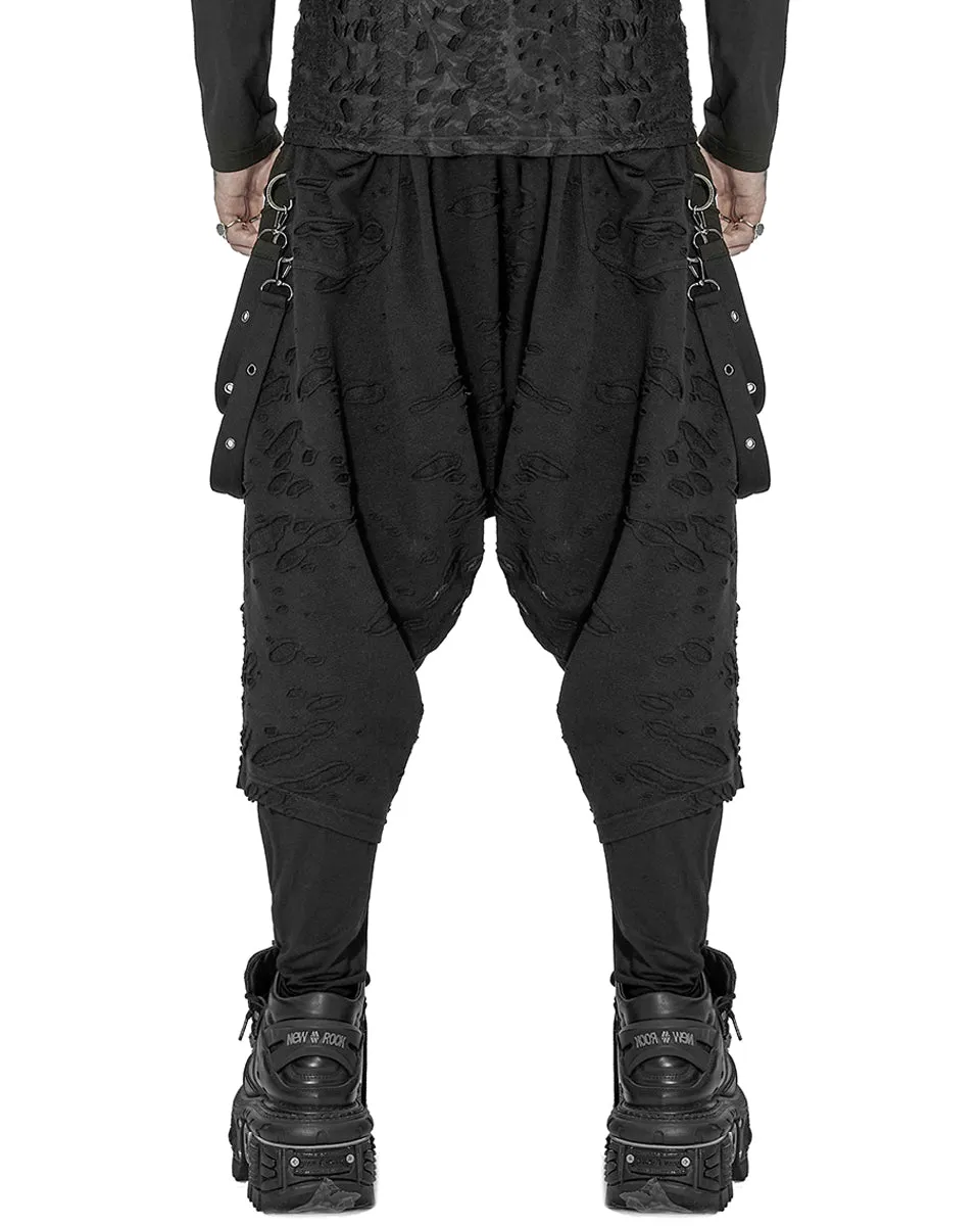 WK-525 Mens Apocalyptic Punk Broken Knit Drop Crotch Harem Pants