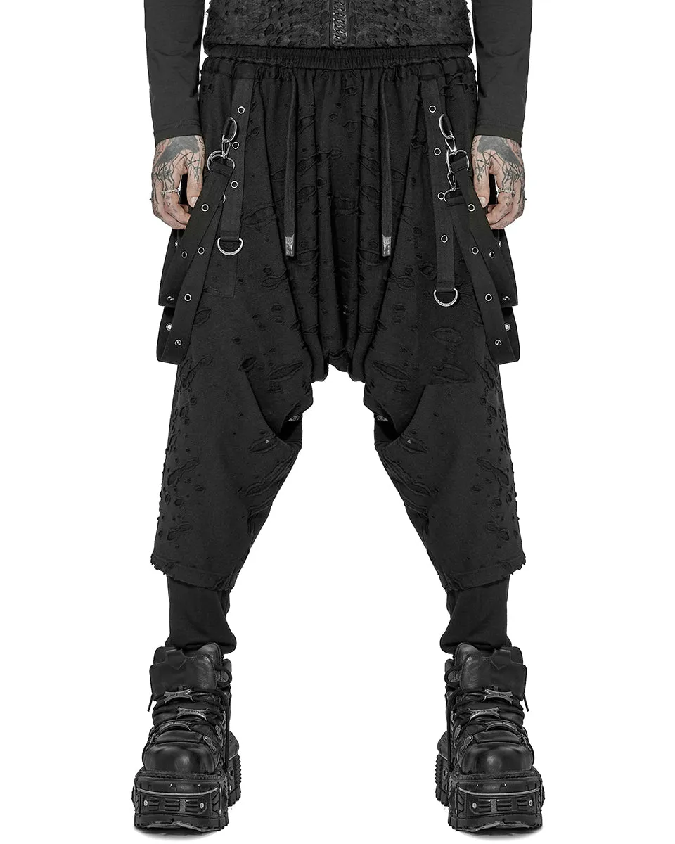 WK-525 Mens Apocalyptic Punk Broken Knit Drop Crotch Harem Pants